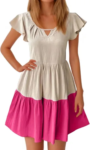 Ruffle Mini Dress for Women 2025 Summer Keyhole Sleeve A Line Dress Colorblock Pleated Beach Vacation Sundress