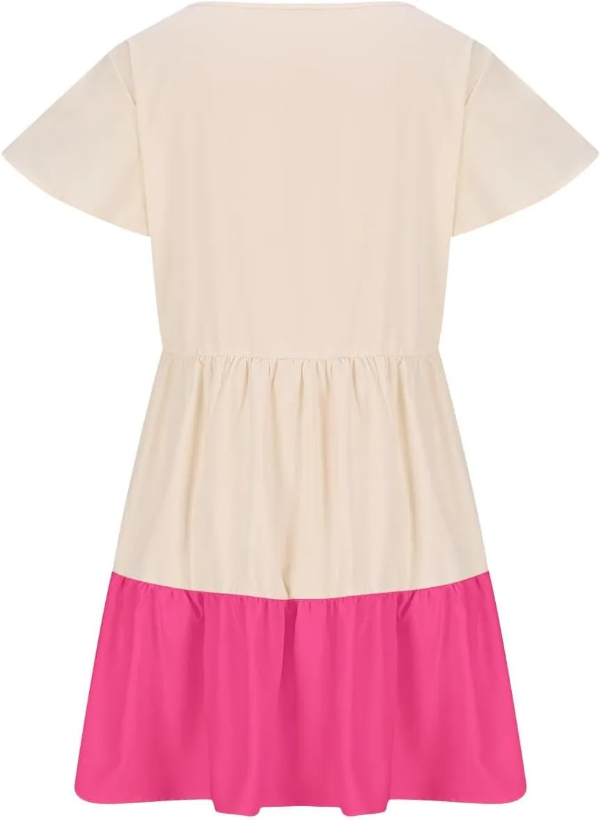 Ruffle Mini Dress for Women 2025 Summer Keyhole Sleeve A Line Dress Colorblock Pleated Beach Vacation Sundress
