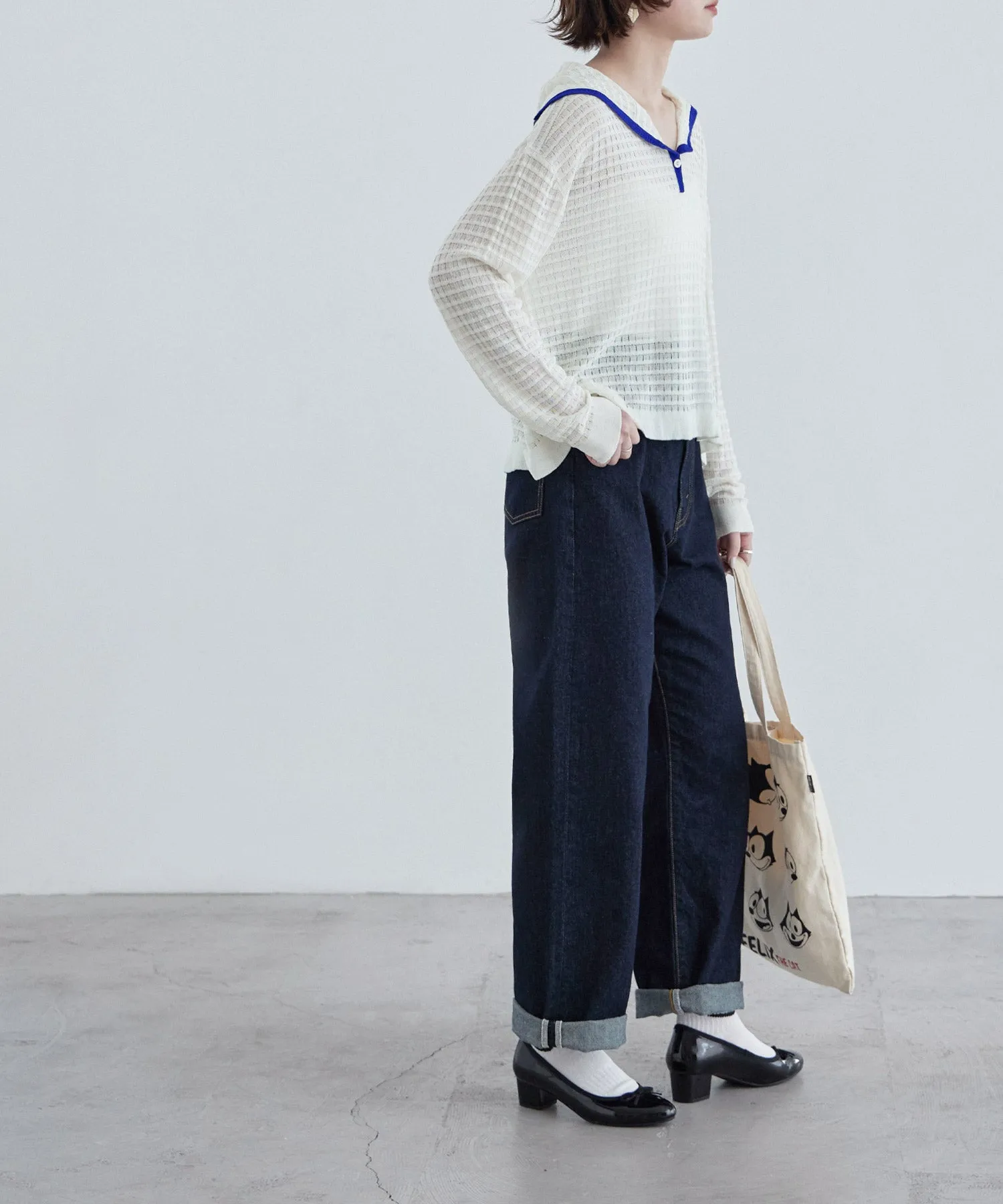 Sailor collar sheer check knit