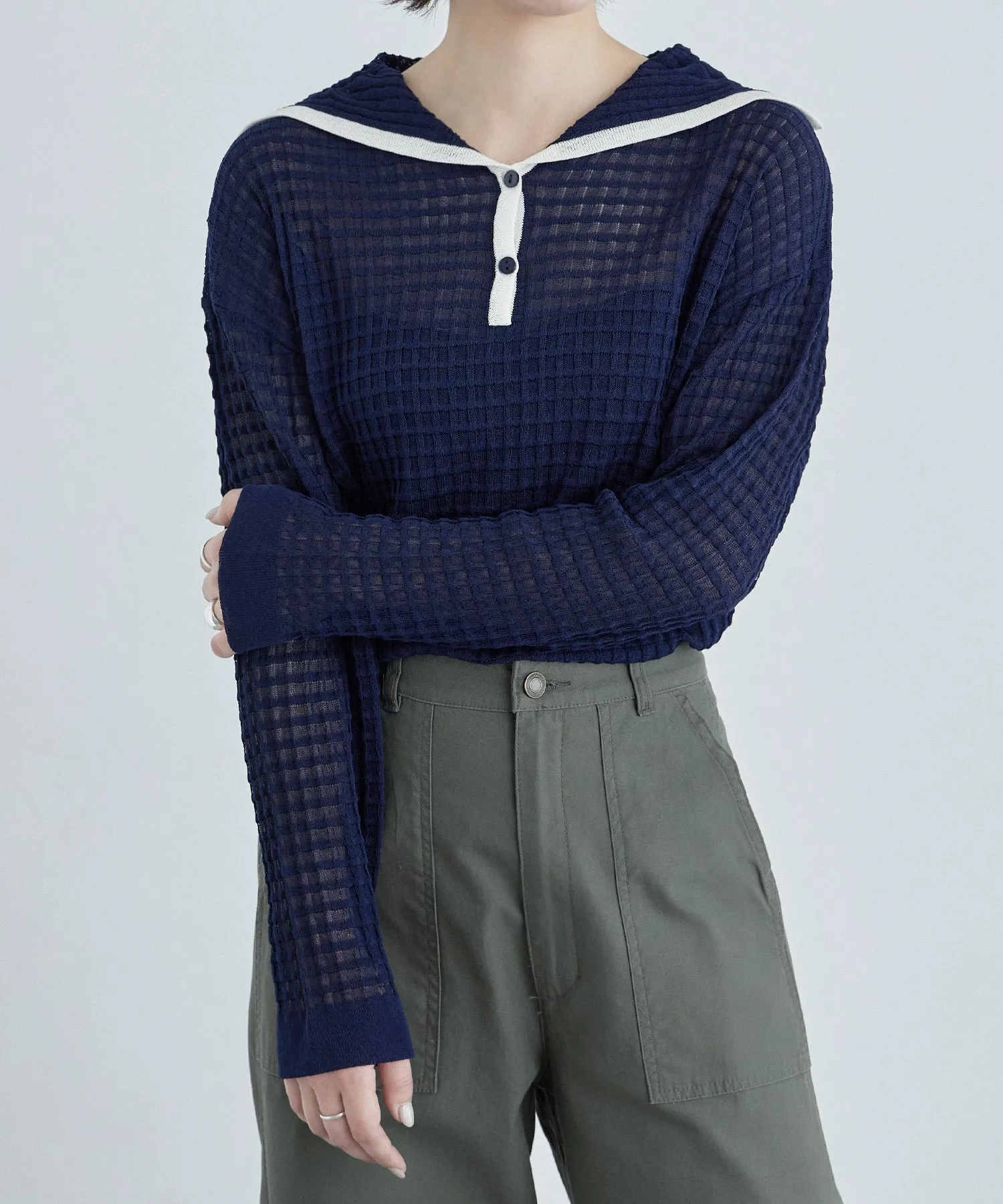 Sailor collar sheer check knit
