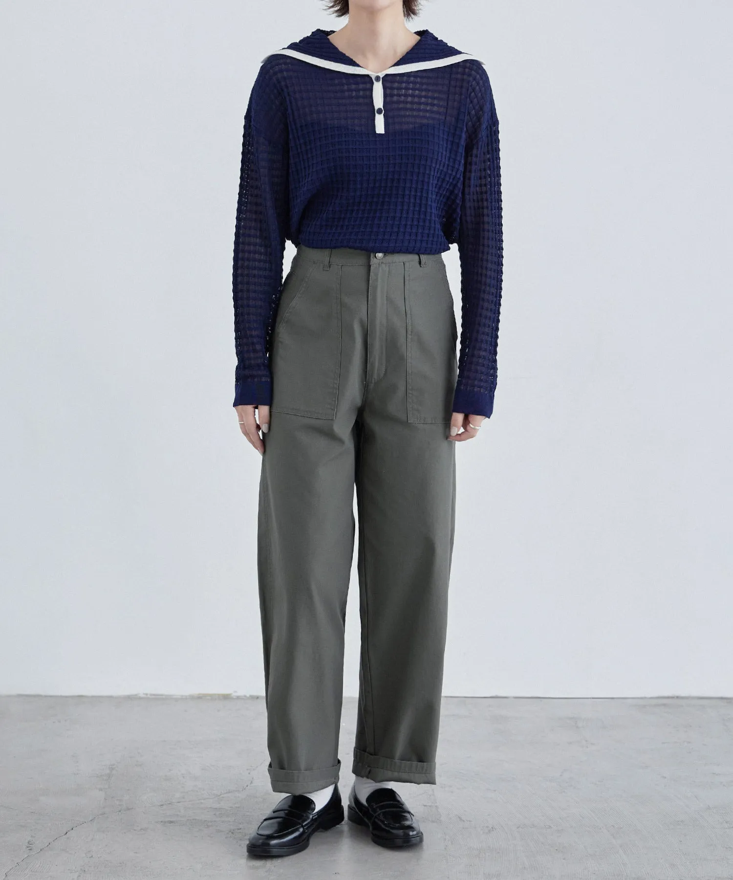 Sailor collar sheer check knit