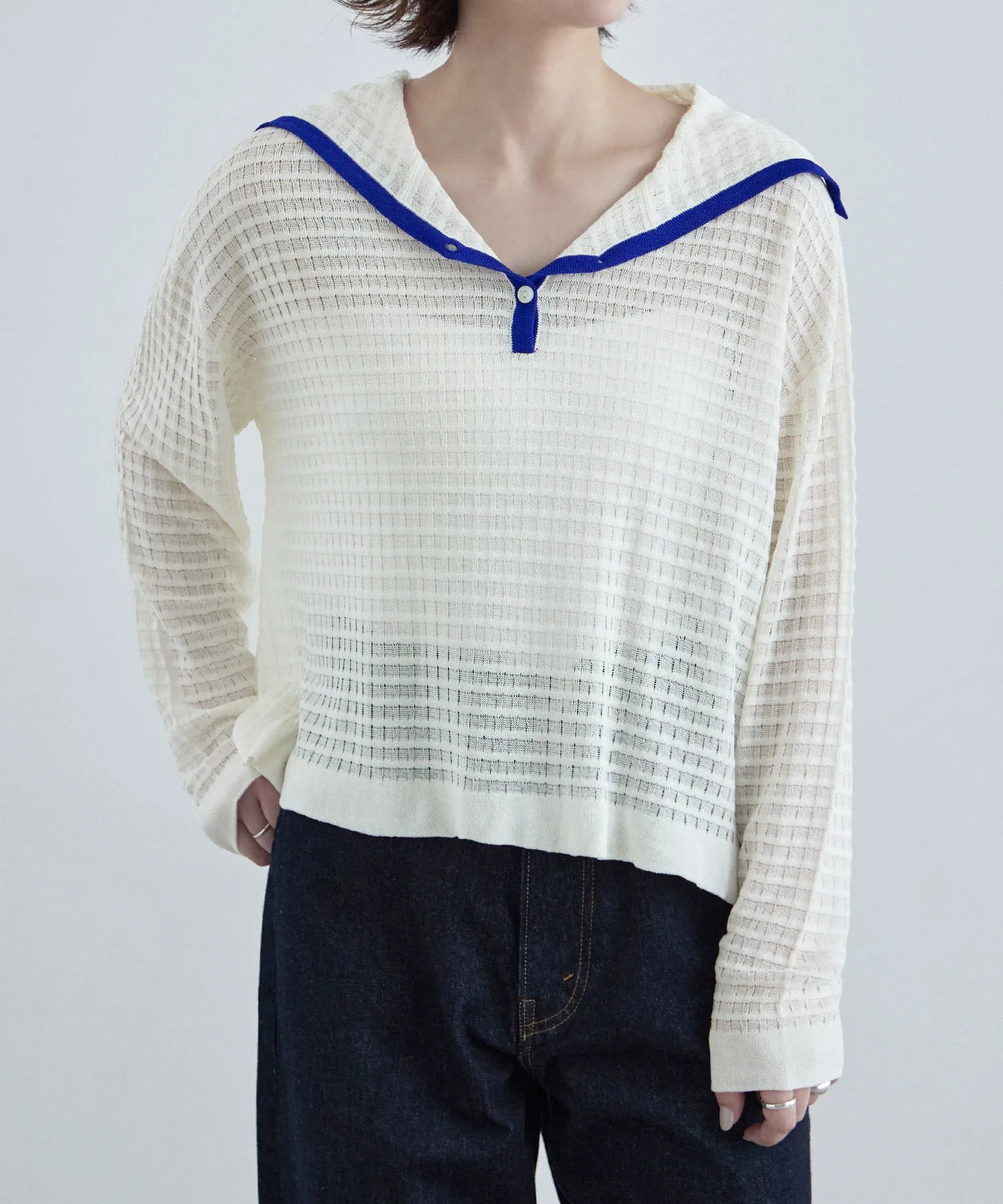 Sailor collar sheer check knit