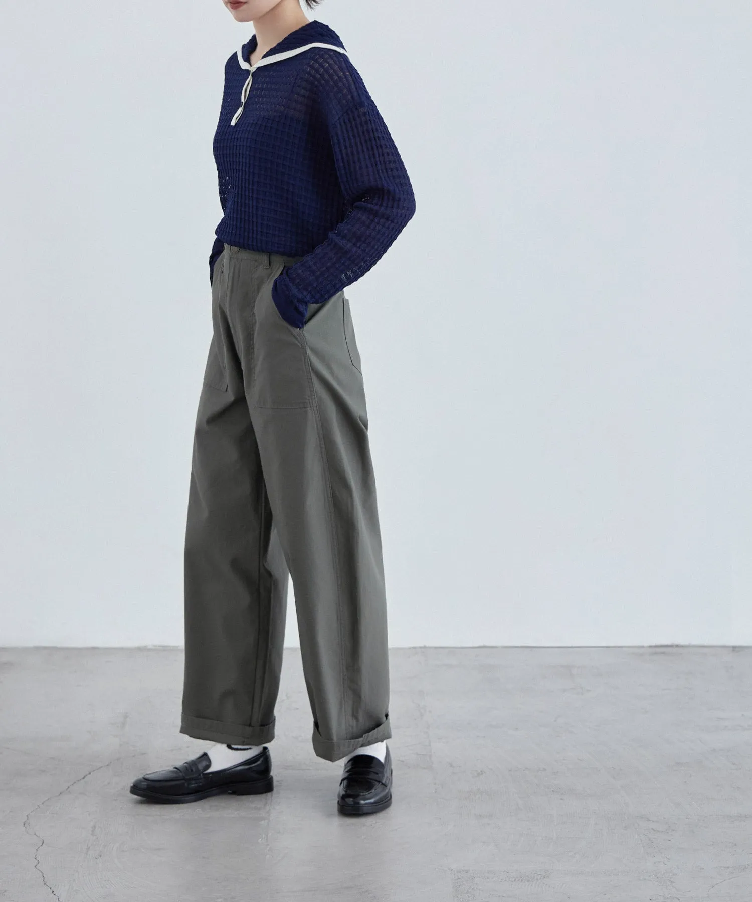 Sailor collar sheer check knit