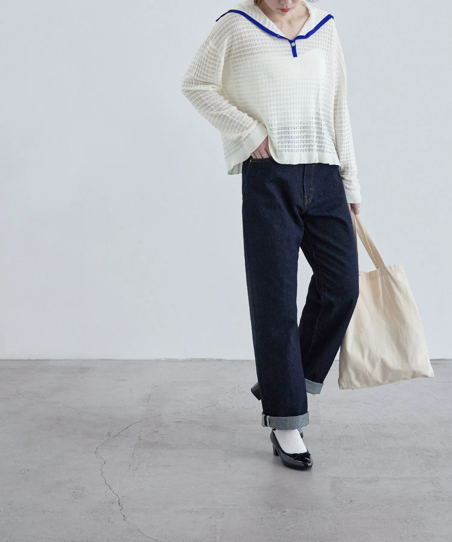 Sailor collar sheer check knit