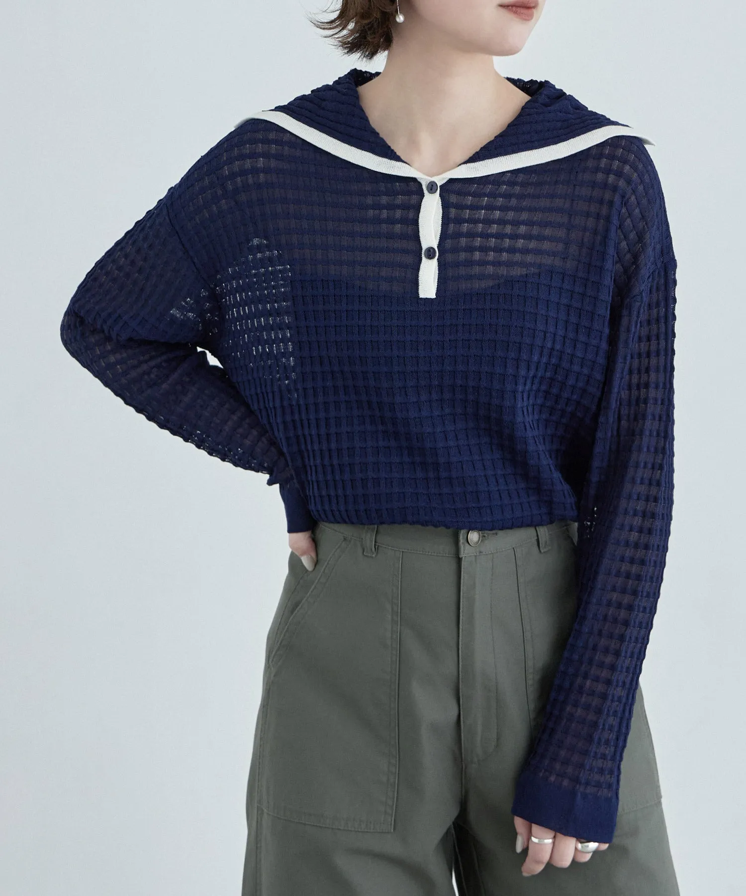 Sailor collar sheer check knit