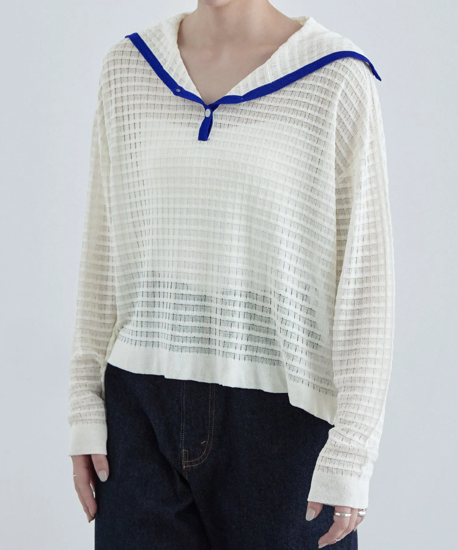 Sailor collar sheer check knit