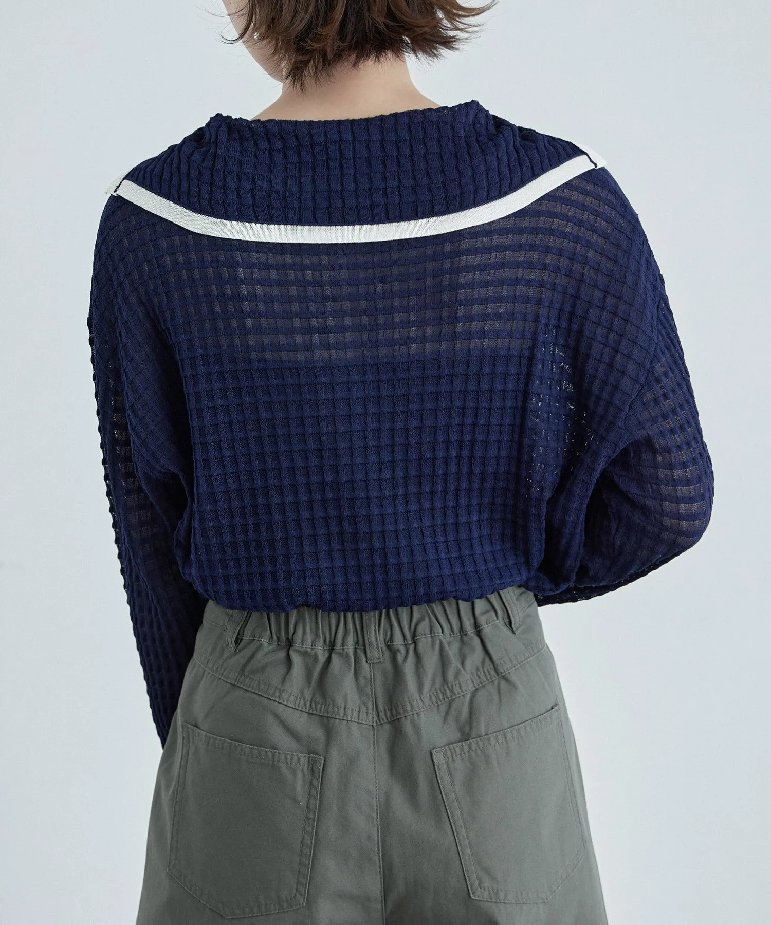 Sailor collar sheer check knit