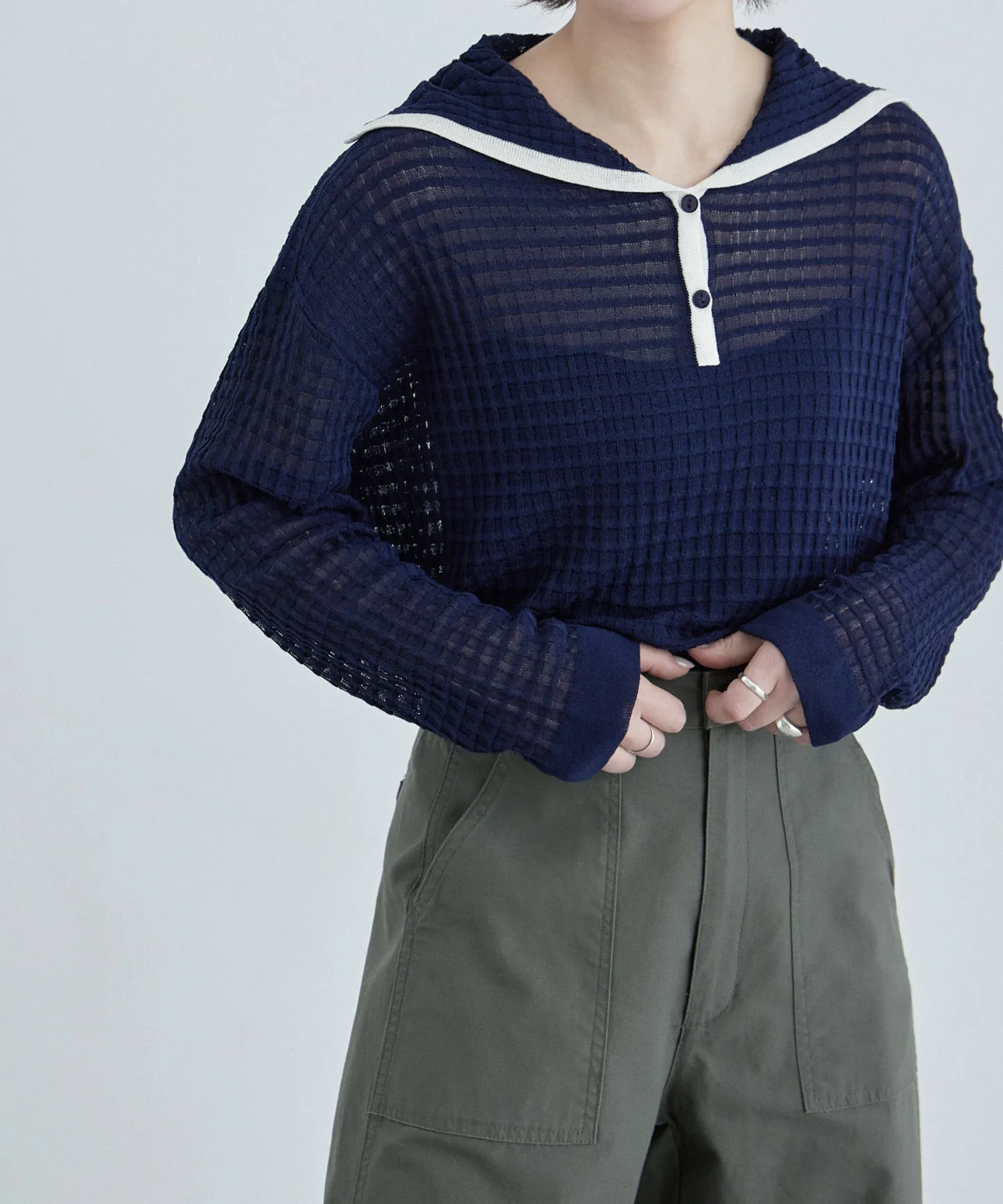 Sailor collar sheer check knit