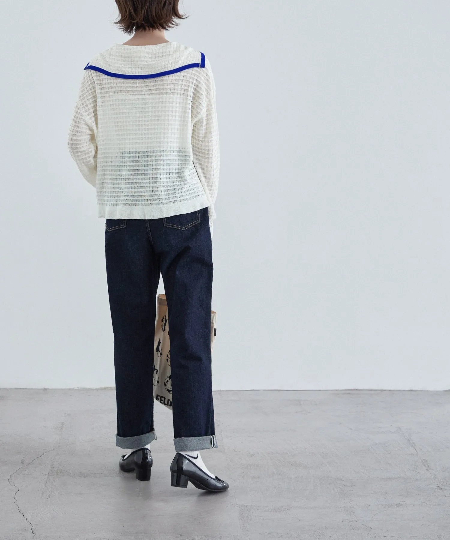 Sailor collar sheer check knit
