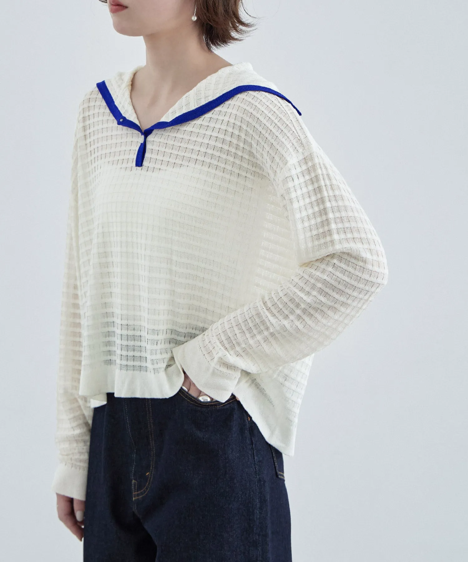 Sailor collar sheer check knit