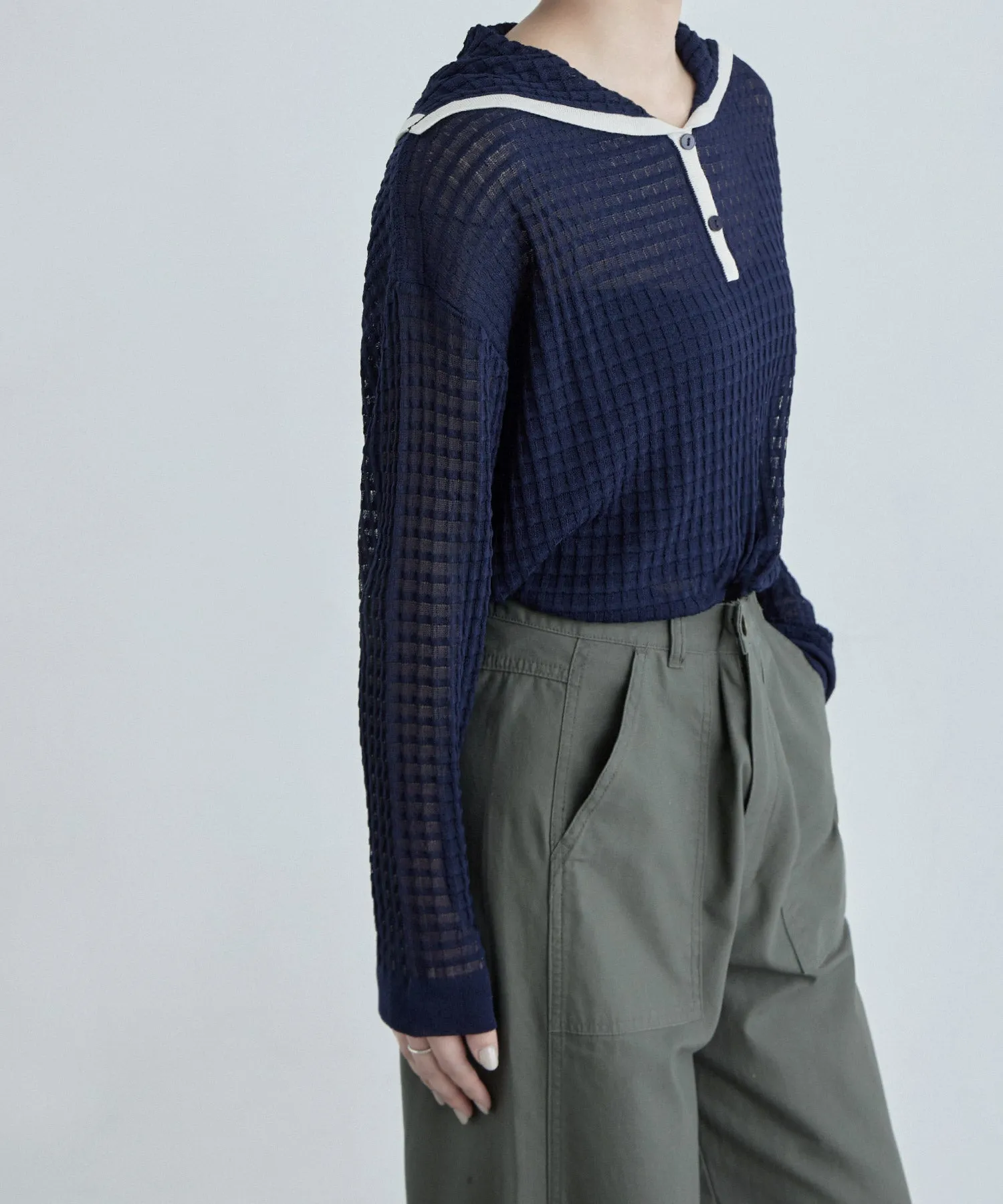 Sailor collar sheer check knit