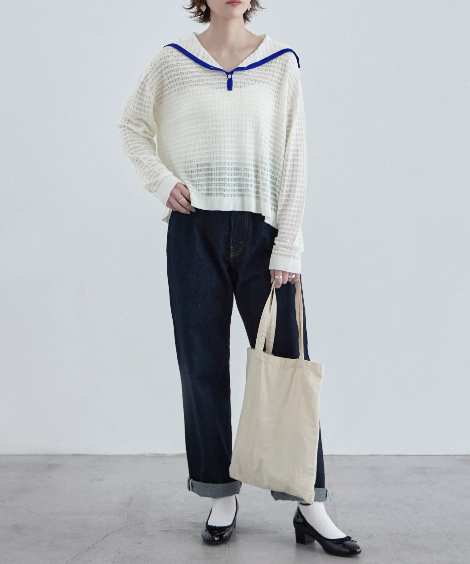 Sailor collar sheer check knit