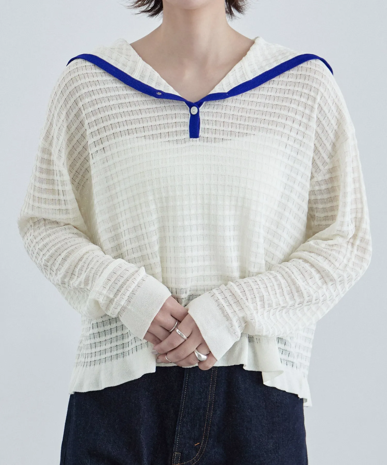 Sailor collar sheer check knit