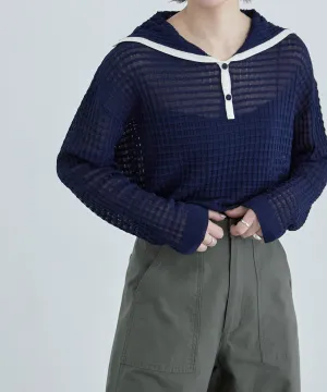 Sailor collar sheer check knit