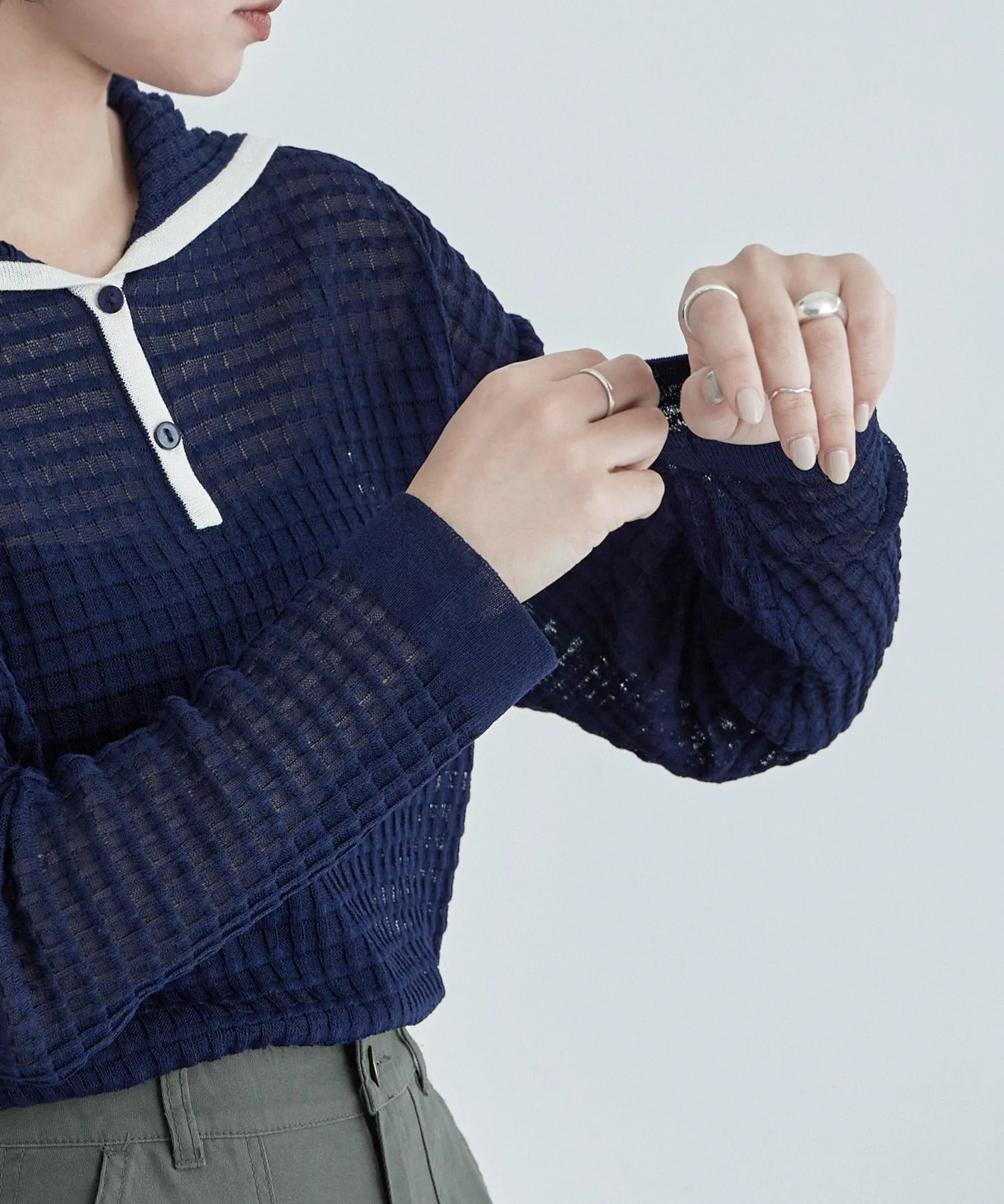 Sailor collar sheer check knit