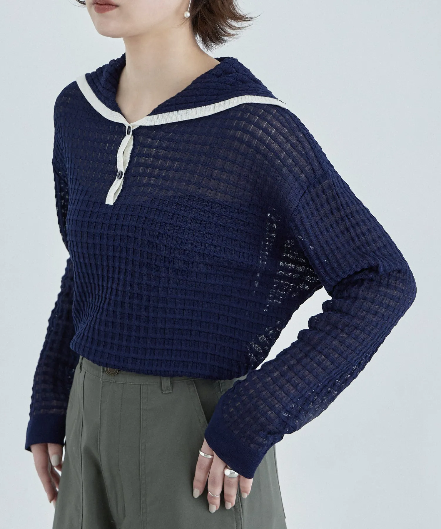 Sailor collar sheer check knit