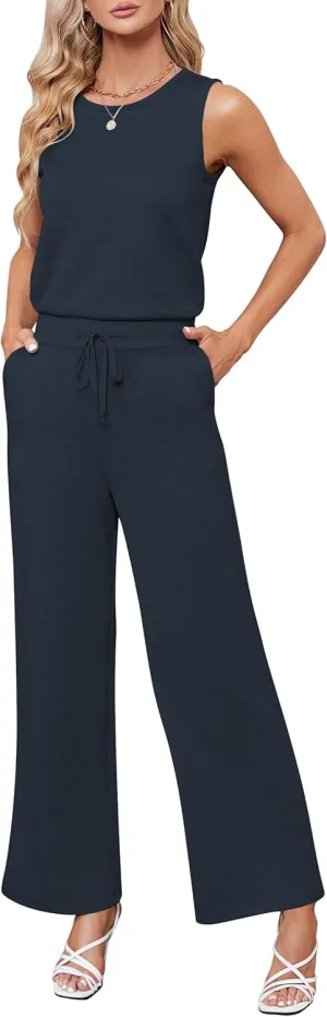 Sarin Mathews Air Essentials Jumpsuits for Women Casual Wide Leg Long Pants Jumpsuit Sleeveless Belted Rompers with Pockets