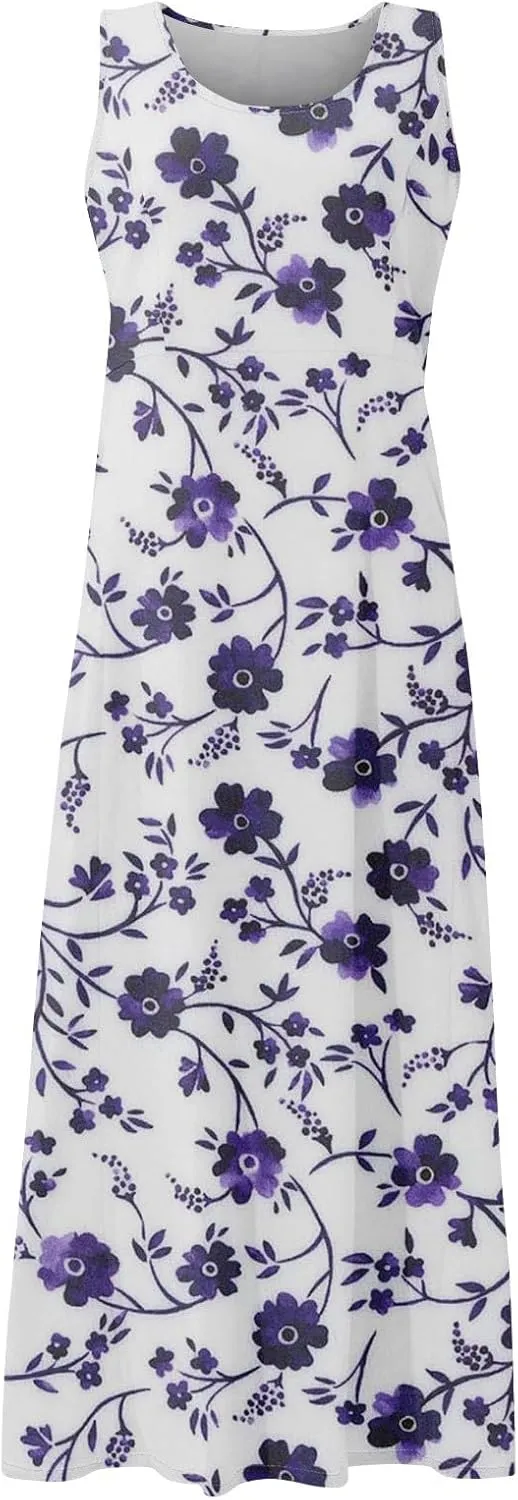 SGASY Summer Dresses for Women 2025 Sleeveless Casual Cotton Linen Sundress Plus Size Maxi Tank Beach Dress with Pocket