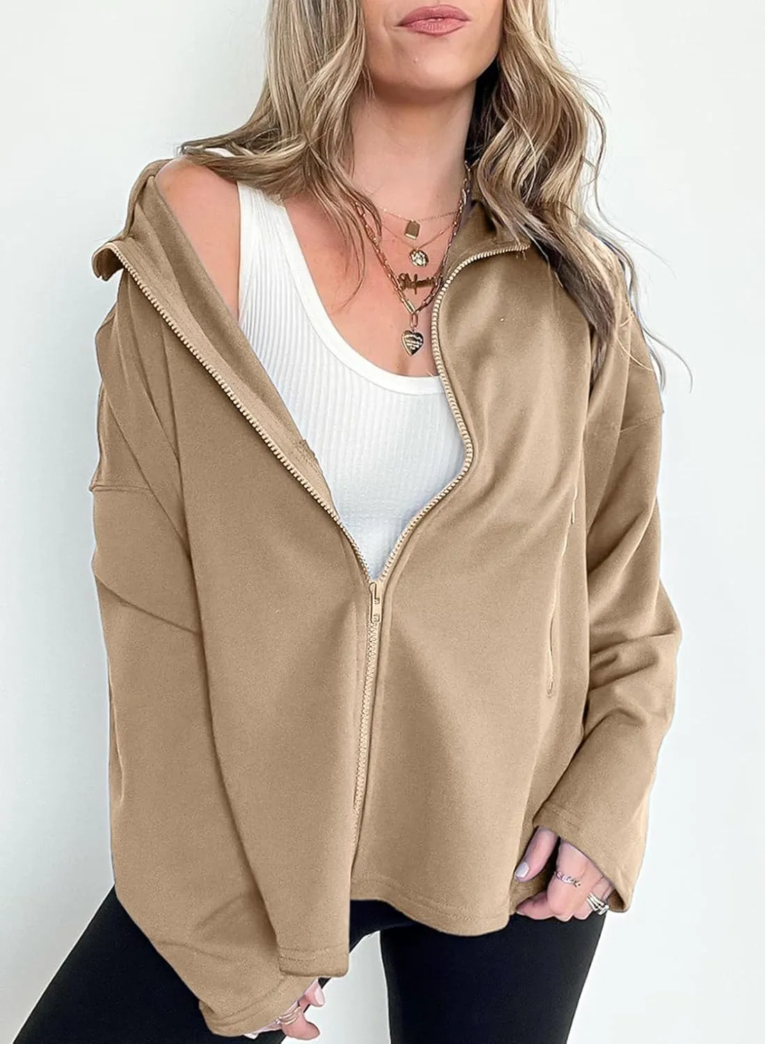 SHEWIN Womens Zip Up Sweatshirt Long Sleeve Oversized Sweatshirts With Pockets Fall Outfit Clothes 2024