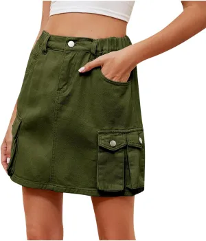 Short Jean Skirt for Women Trendy Elastic High Waisted Skirt with Multi-Pockets Fashion Teen Girls Y2K A-Line Skirt