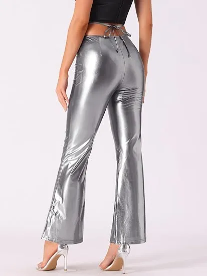 Silver Ruched Drawstring Flare Pants