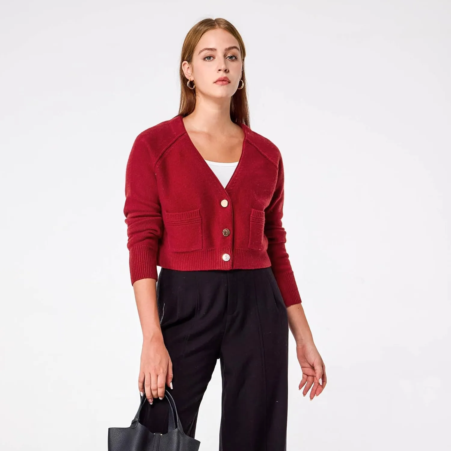 Simple&Opulence Women's Cashmere Cardigan Sweater, Cashmere Long Sleeve V Neck Open Front Cardigan with Pocket