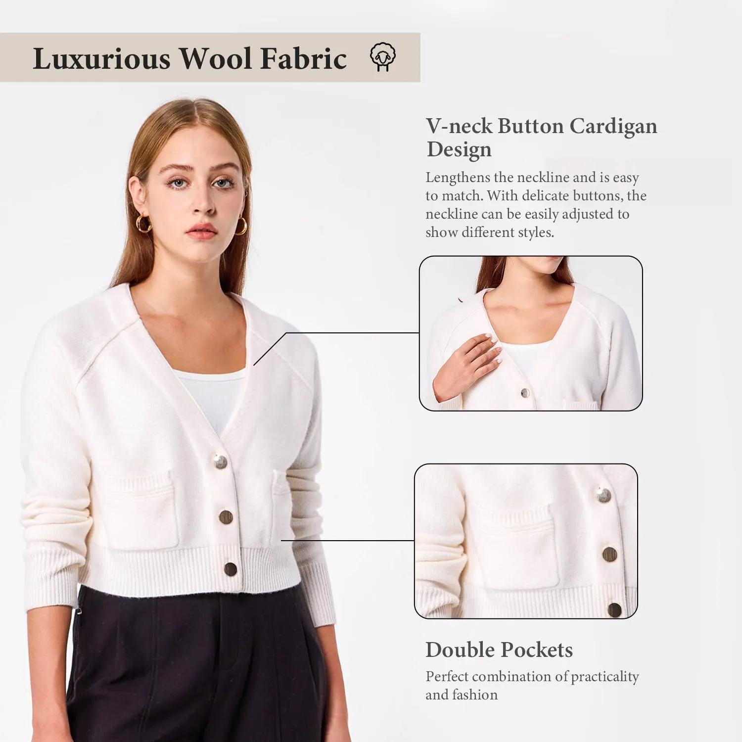 Simple&Opulence Women's Cashmere Cardigan Sweater, Cashmere Long Sleeve V Neck Open Front Cardigan with Pocket