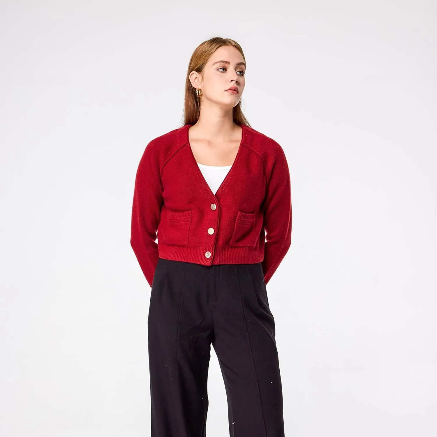Simple&Opulence Women's Cashmere Cardigan Sweater, Cashmere Long Sleeve V Neck Open Front Cardigan with Pocket