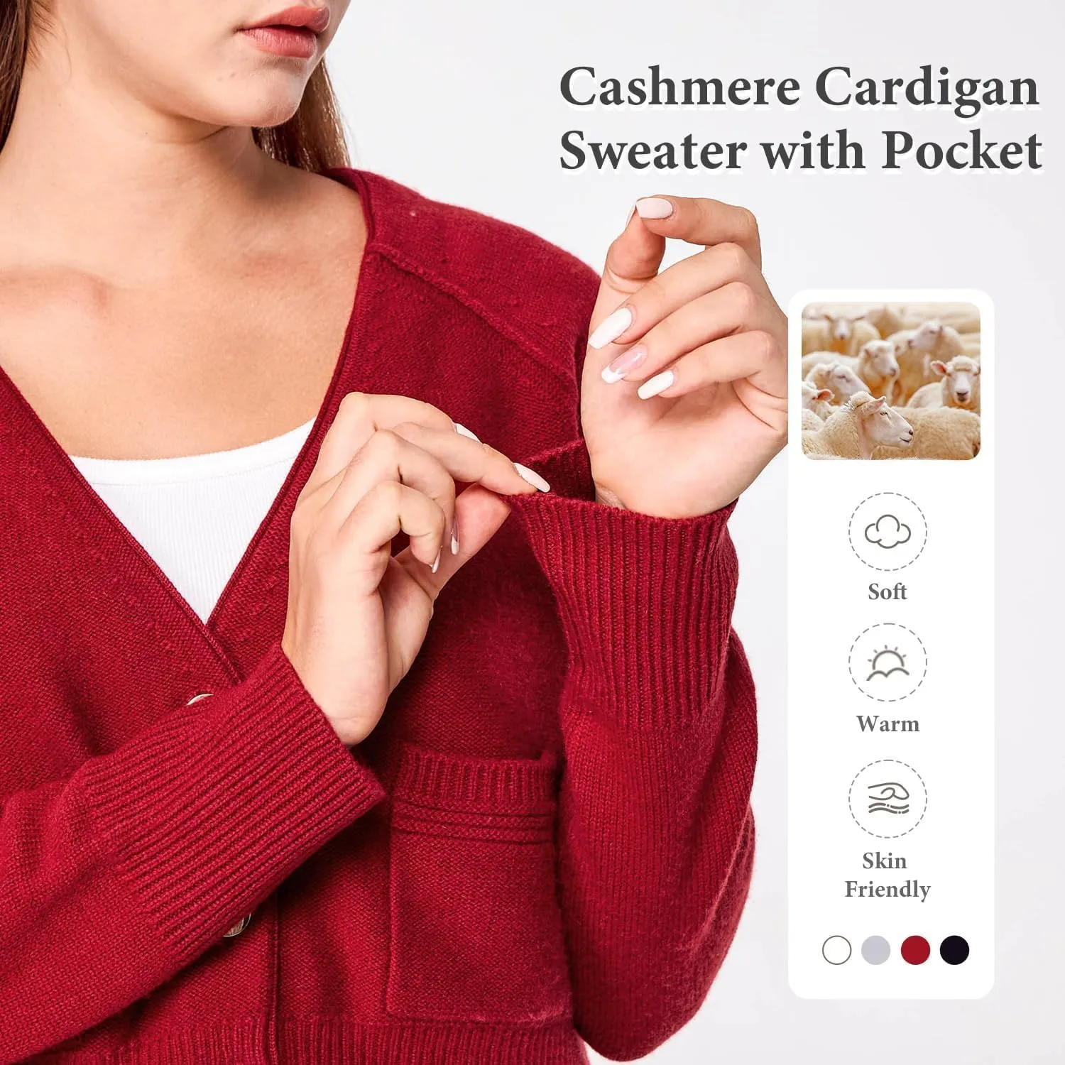 Simple&Opulence Women's Cashmere Cardigan Sweater, Cashmere Long Sleeve V Neck Open Front Cardigan with Pocket