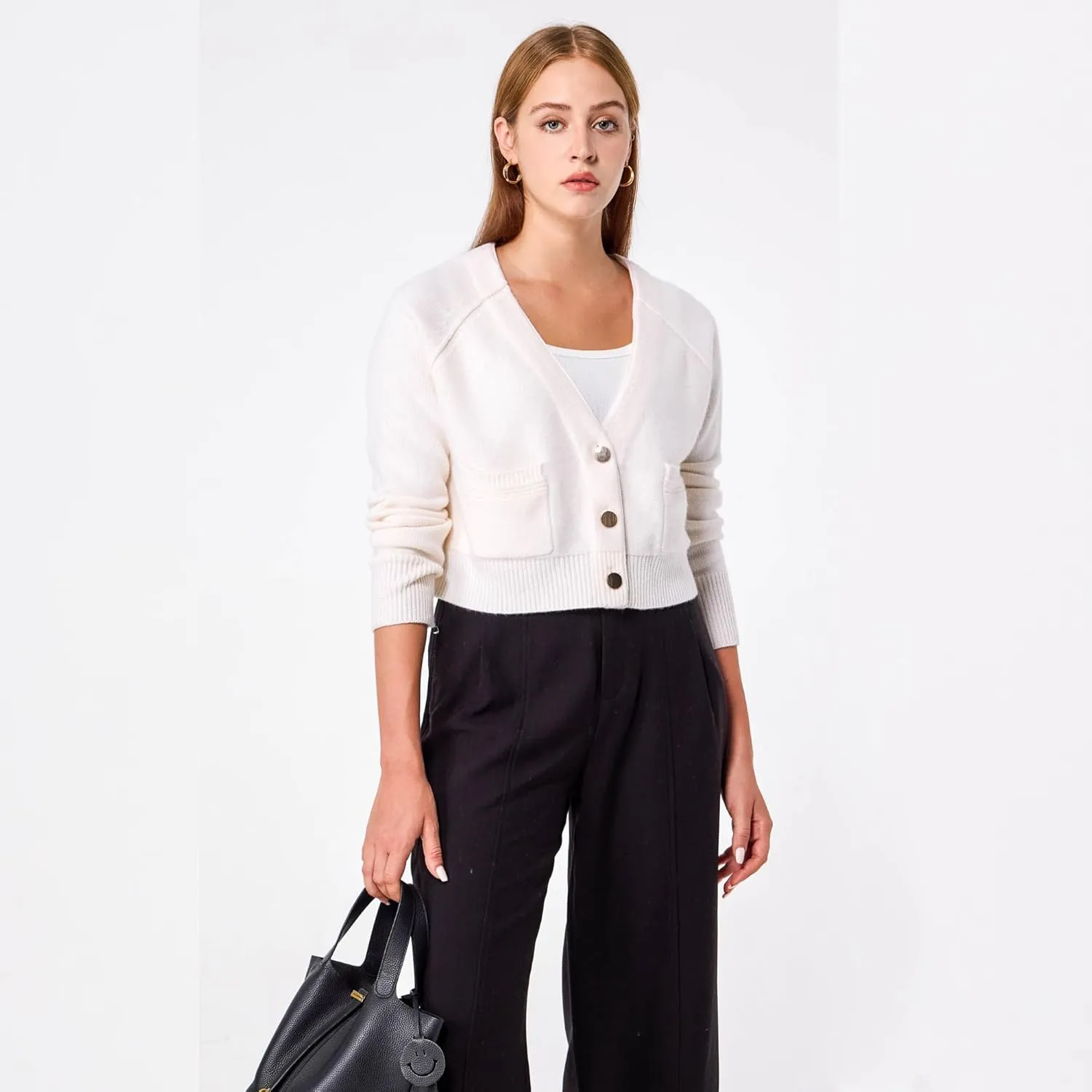 Simple&Opulence Women's Cashmere Cardigan Sweater, Cashmere Long Sleeve V Neck Open Front Cardigan with Pocket