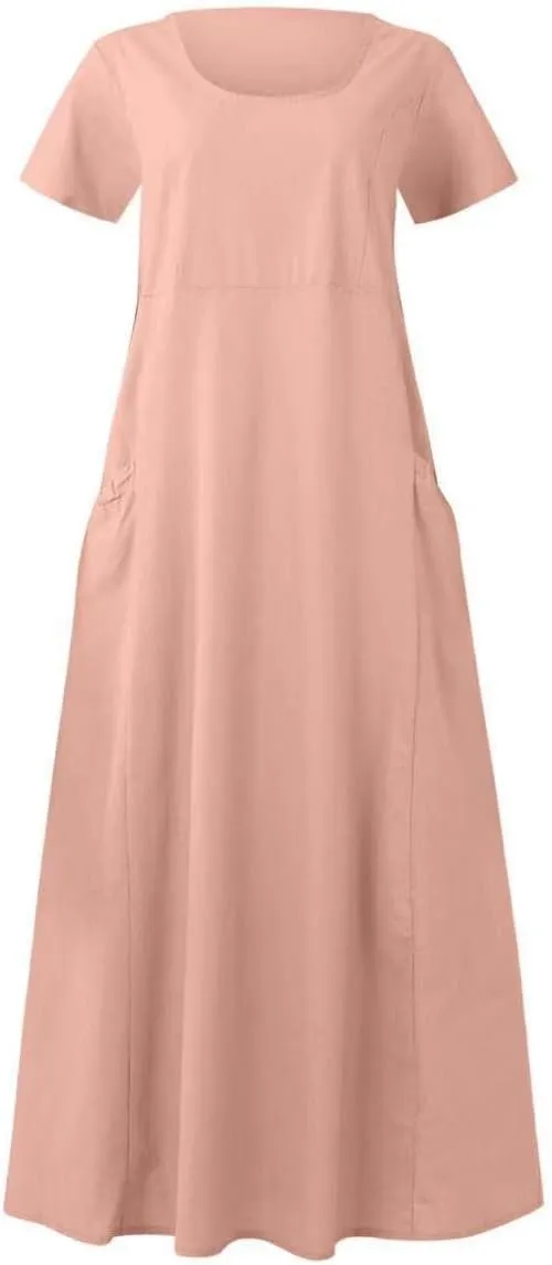 Sinzelimin Women Summer Dresses Boho Fashion Solid Color Cotton Linen Midi Dress Plus Size Loose Casual Pocket Beach Sundress
