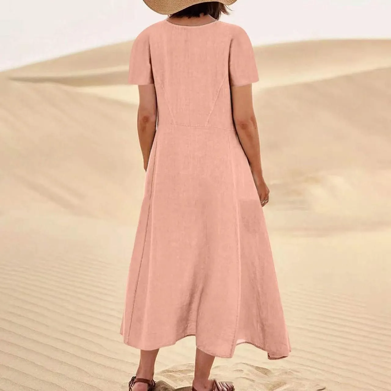 Sinzelimin Women Summer Dresses Boho Fashion Solid Color Cotton Linen Midi Dress Plus Size Loose Casual Pocket Beach Sundress