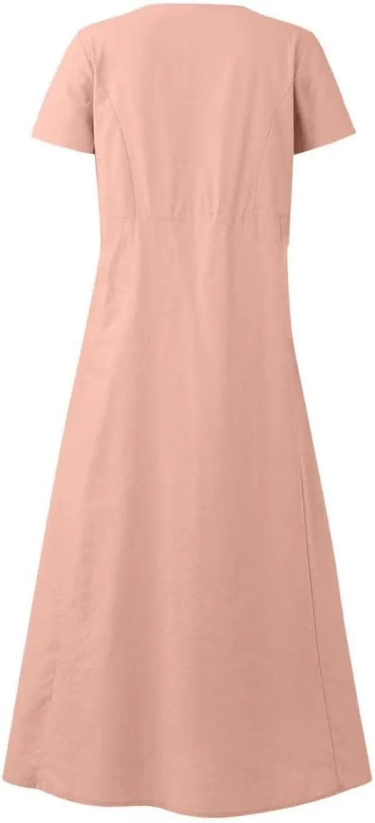 Sinzelimin Women Summer Dresses Boho Fashion Solid Color Cotton Linen Midi Dress Plus Size Loose Casual Pocket Beach Sundress