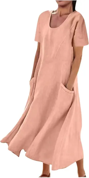 Sinzelimin Women Summer Dresses Boho Fashion Solid Color Cotton Linen Midi Dress Plus Size Loose Casual Pocket Beach Sundress