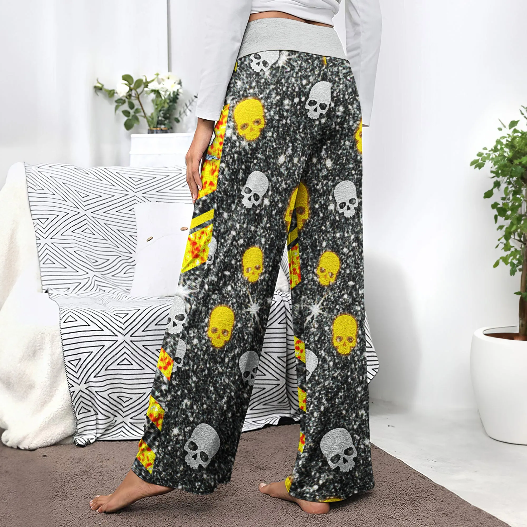Skeleton Yellow Glitter Art Women's High-waisted Wide Leg Pants
