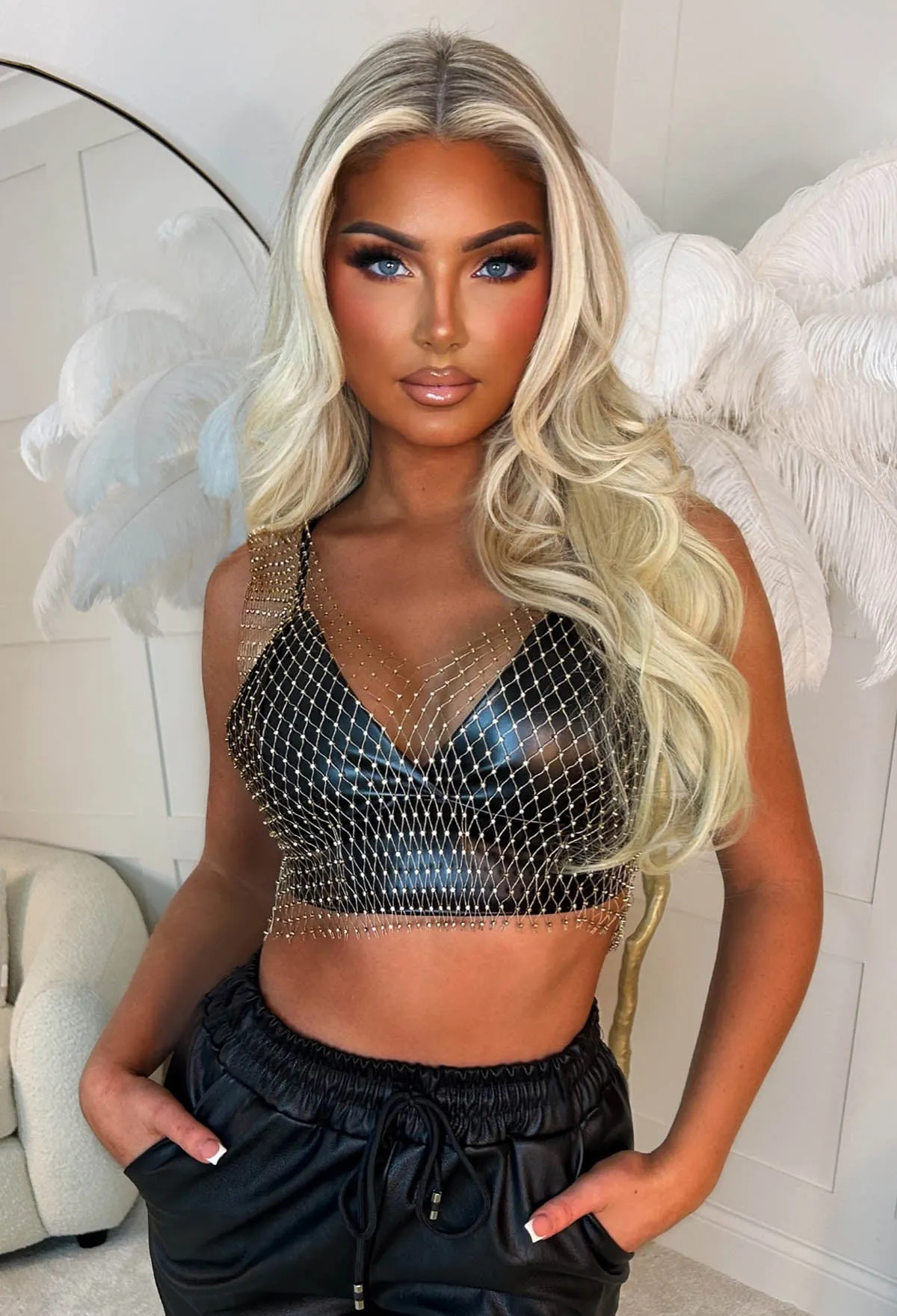 Sparkling Chic Gold Diamante Mesh Vest Top Limited Edition