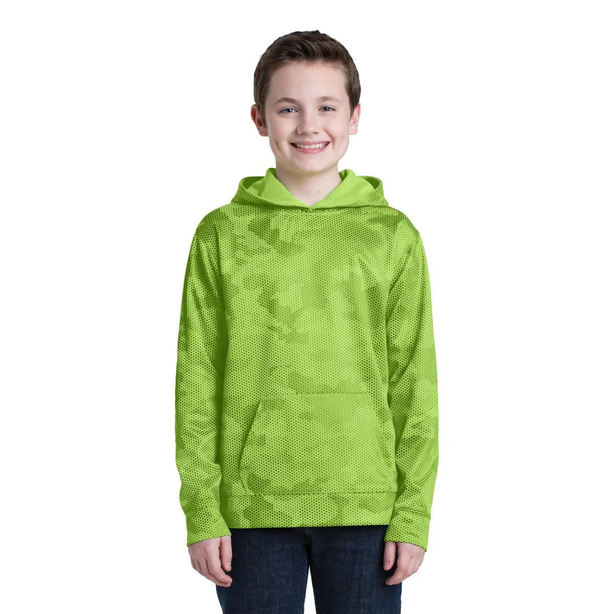 Sport-Tek Youth Lime Shock Sport-Wick CamoHex Fleece Hooded Pullover