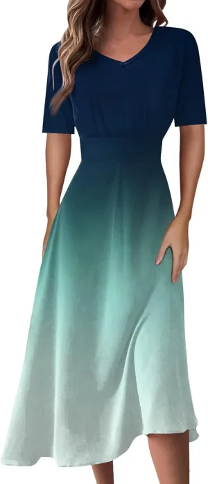 Spring Dresses for Women Short Sleeve Flowy Dresses Plus Size V Neck Casual Dresses Modest Elegant Cocktail Dresses