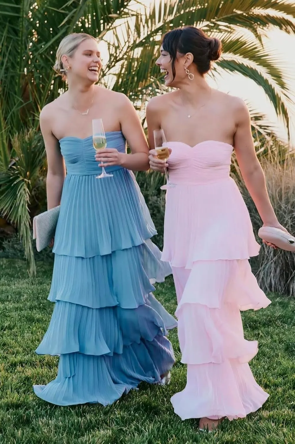 Strapless Tiered Chiffon Bridesmaid Dresses Long Ruched Prom Dress for Women Formal Evening Gowns WN012