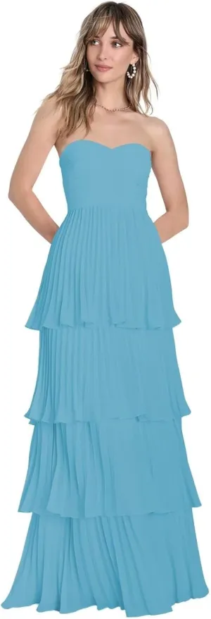 Strapless Tiered Chiffon Bridesmaid Dresses Long Ruched Prom Dress for Women Formal Evening Gowns WN012