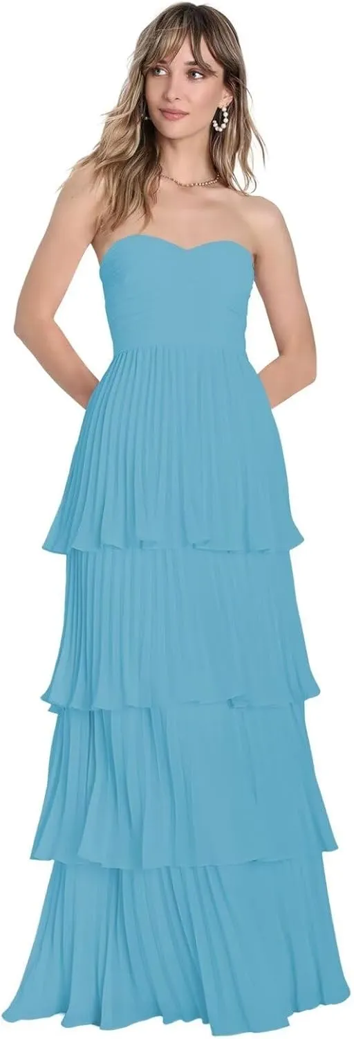 Strapless Tiered Chiffon Bridesmaid Dresses Long Ruched Prom Dress for Women Formal Evening Gowns WN012