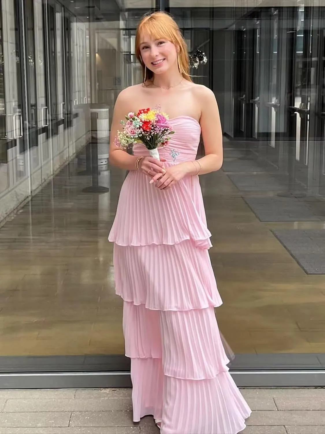Strapless Tiered Chiffon Bridesmaid Dresses Long Ruched Prom Dress for Women Formal Evening Gowns WN012