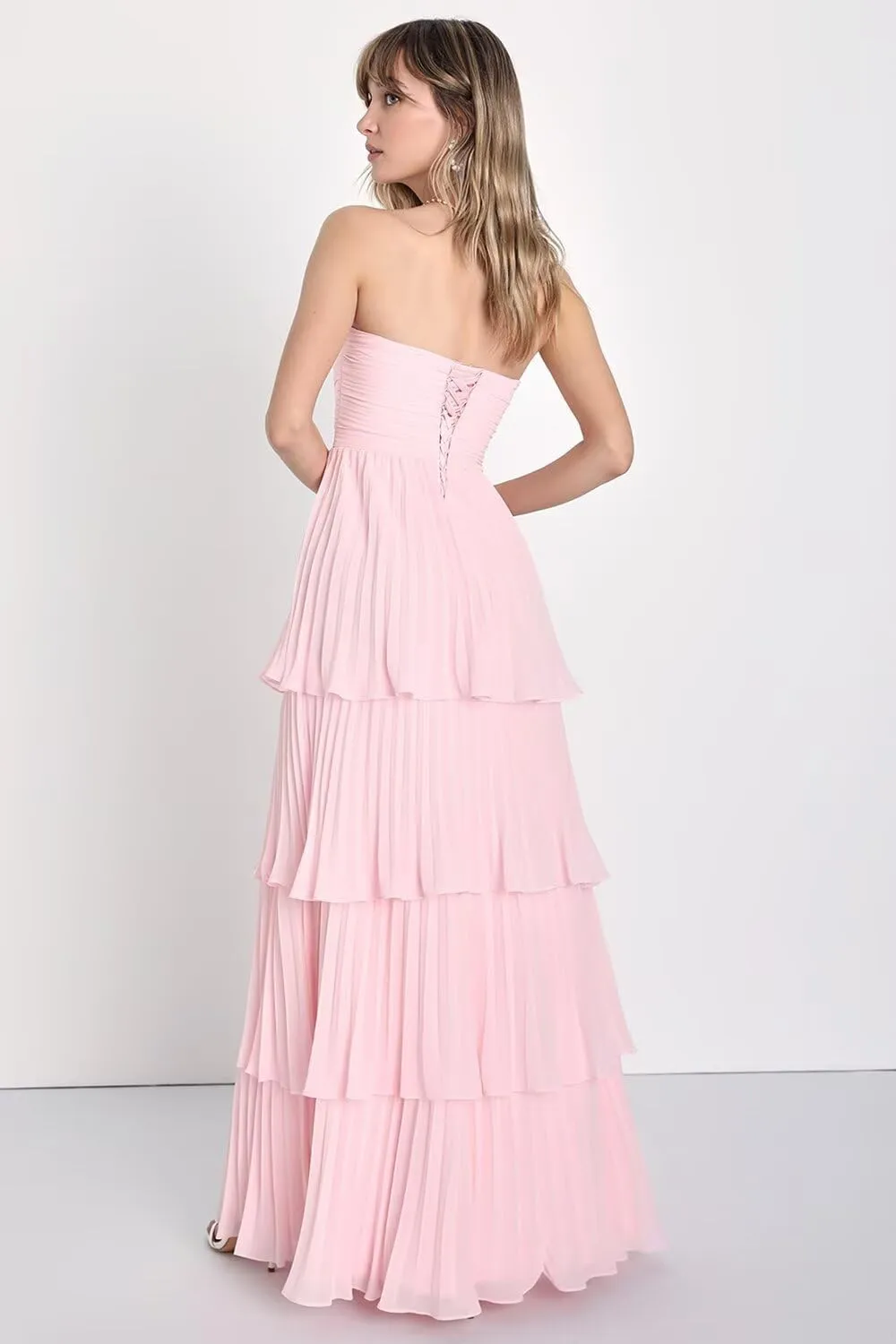 Strapless Tiered Chiffon Bridesmaid Dresses Long Ruched Prom Dress for Women Formal Evening Gowns WN012