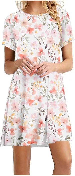 Summer Beach Short Dress for Women 2025 Casual Fashion Round Neck Swing Dress Floral Print Short Sleeve Mini Sundress