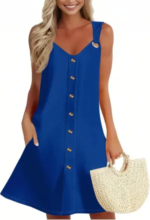 Summer Dress Sleeveless Floral Mini with Pockets Bohemian 2025 New Solid Color Cover Ups Casual Loose Sun Dresses