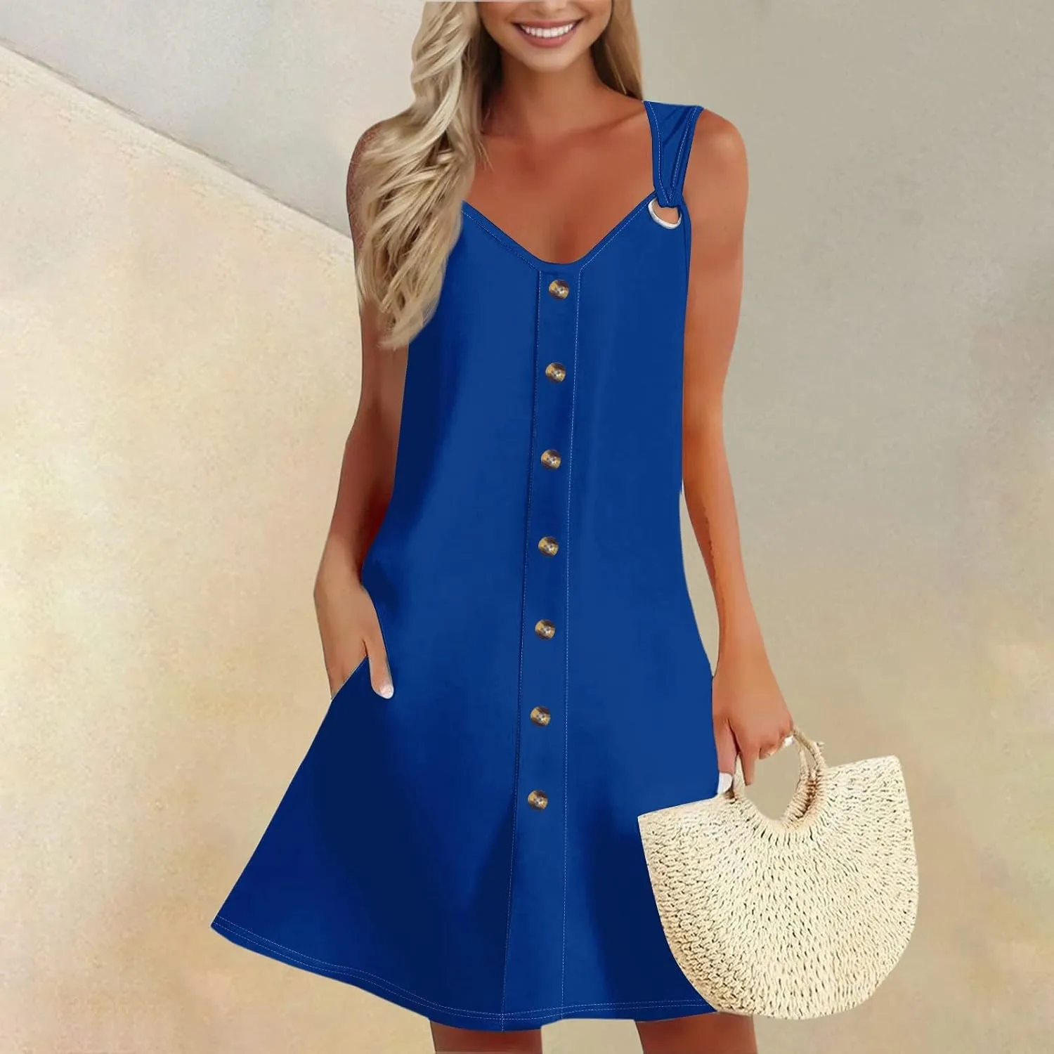 Summer Dress Sleeveless Floral Mini with Pockets Bohemian 2025 New Solid Color Cover Ups Casual Loose Sun Dresses