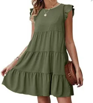 Summer Dresses for Women 2024 Cute Boho Cap Sleeve Ruffle Swing Mini Babydoll Dress Beach Vacation Sundresses