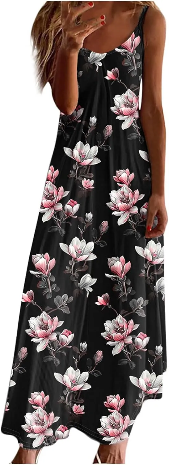 Summer Dresses for Women 2025 Beach Vacation Maxi Dress Spaghetti Strap Floral Print Sundress Casual Travel Clothes