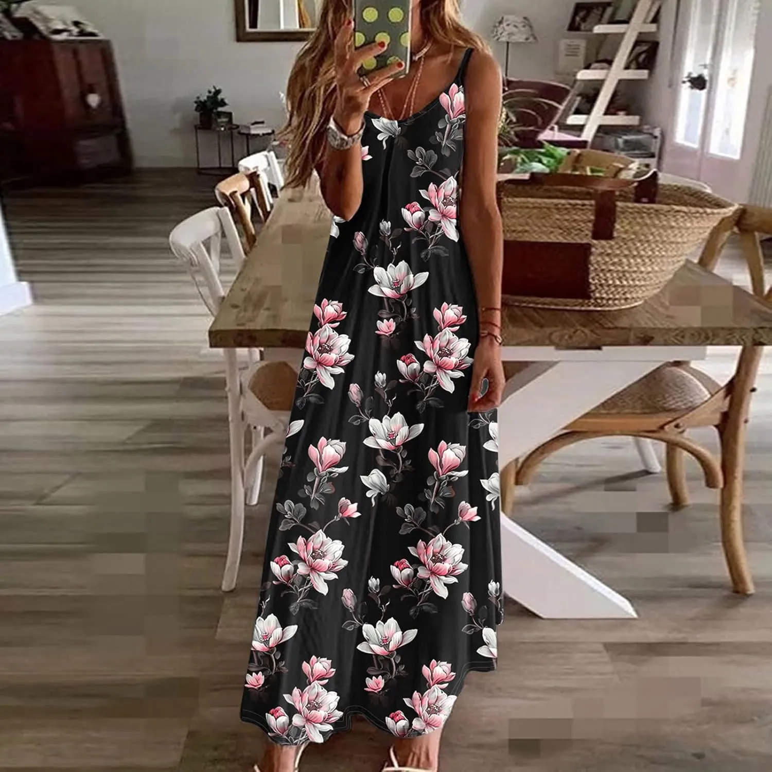 Summer Dresses for Women 2025 Beach Vacation Maxi Dress Spaghetti Strap Floral Print Sundress Casual Travel Clothes
