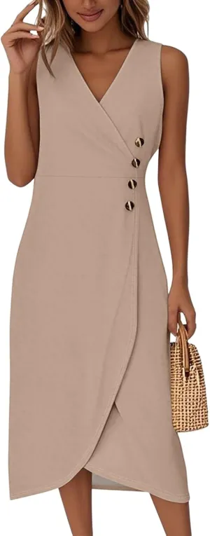 Summer Dresses for Women 2025 Casual V Neck Sleeveless Midi Dress Flowy Irregular Hem Boho Tank Dress